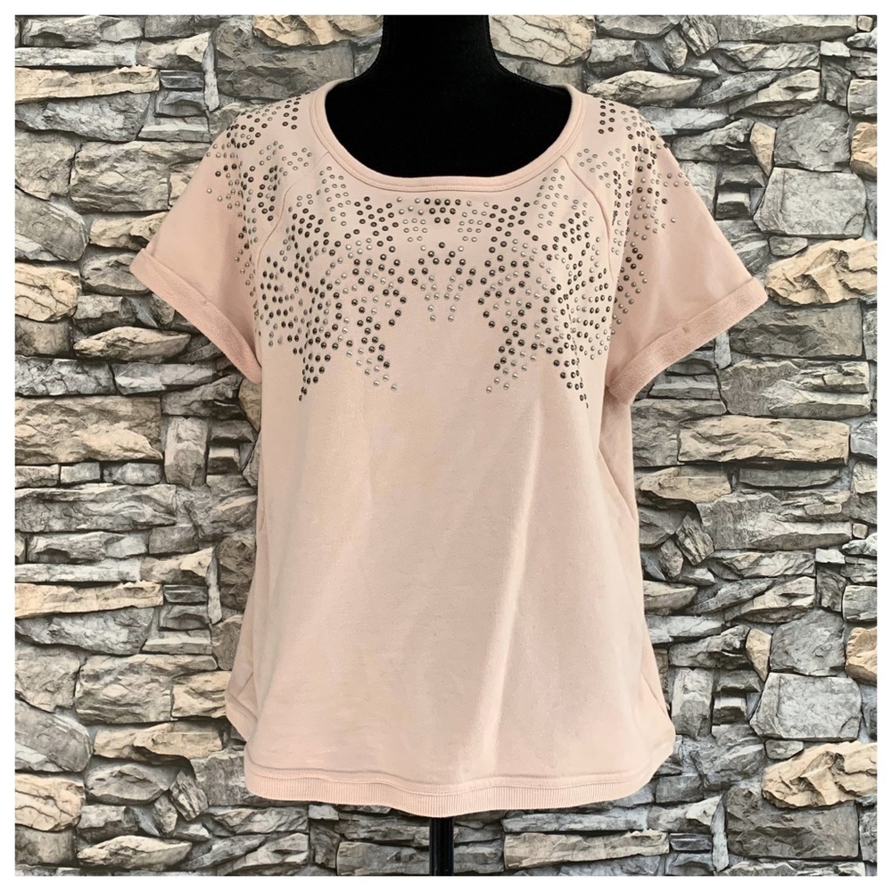 #33 Apt 9 Peach Embellished Studded Jeweled Short Sleeve Sweatshirt Shirt Large